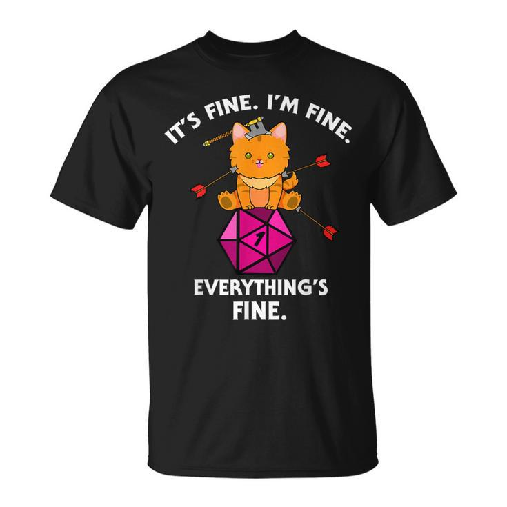 It's Fine Rpg Gamer Cat D20 Dice Fail Nerdy Geek T-Shirt