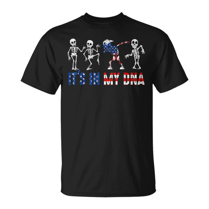 Its In My Dna Dabbing Skeleton American Us Flag Patriotic  Patriotic Funny Gifts Unisex T-Shirt