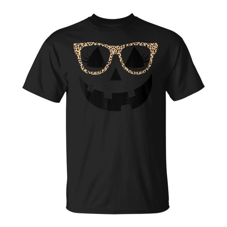 Jack O Lantern Face Pumpkin Halloween Leopard Glasses T-Shirt