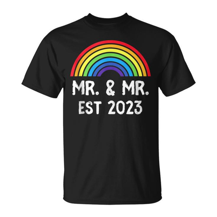 Just Married Engaged Lgbt Gay Wedding Mr And Mr Est 2023  Unisex T-Shirt