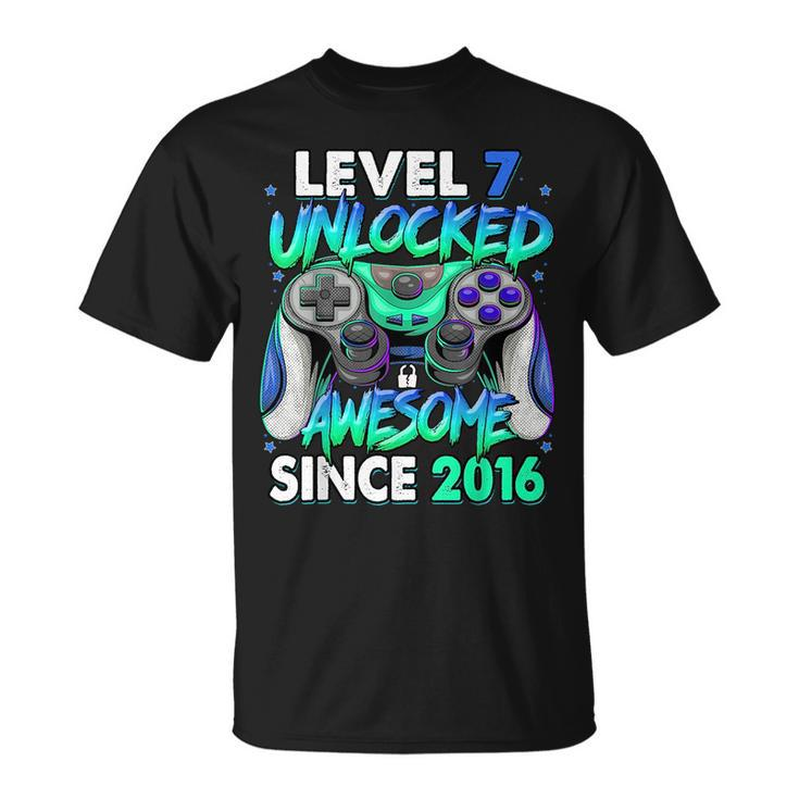 Level 7 Unlocked Awesome Since 2016 7Th Birthday Gaming Kids  Unisex T-Shirt