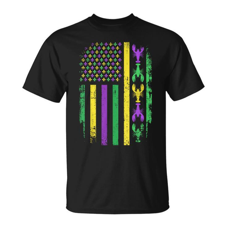 Mardi Gras Us American Flag With Crawfish New Orleans T-Shirt