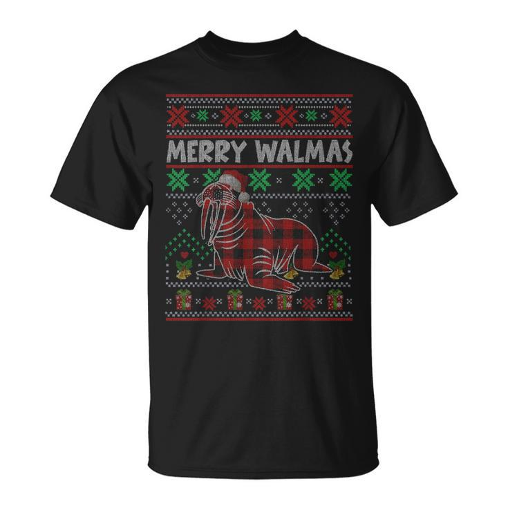Merry Walmas Ugly Christmas Sweater Walrus Sea Animal Plaid T-Shirt