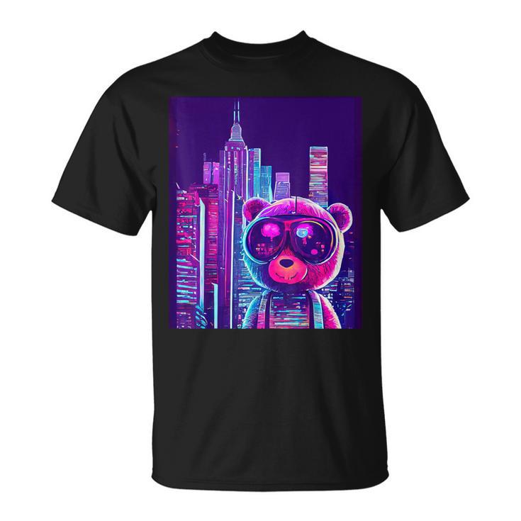Neon Cuddles Synthwave Teddy Bear's Retro Journey T-Shirt