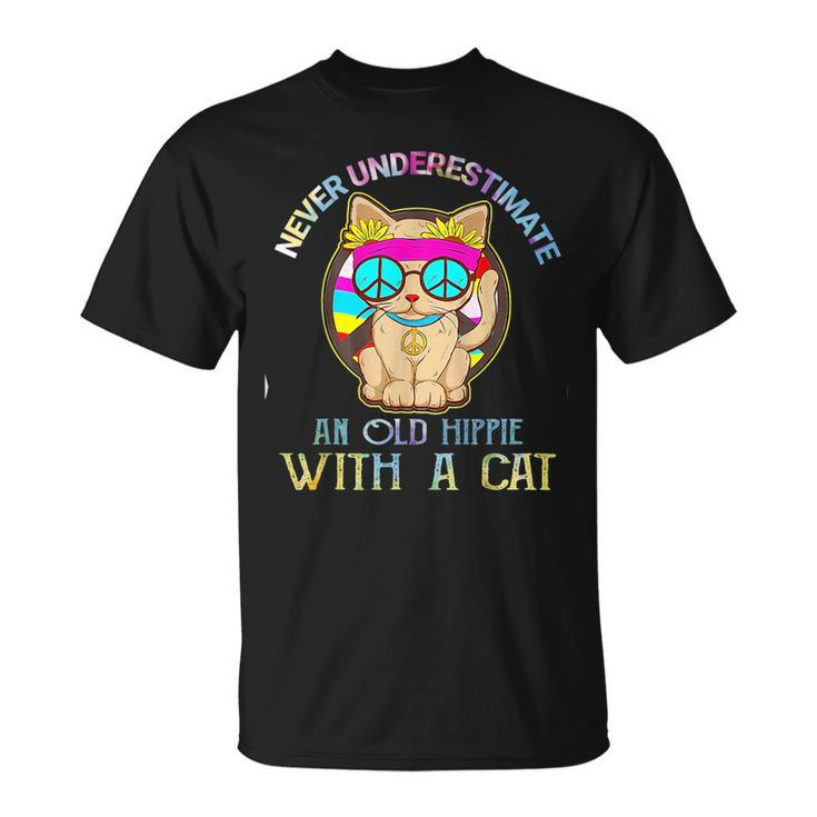 Never Underestimate An Old Hippie With A Cat Funny Unisex T-Shirt