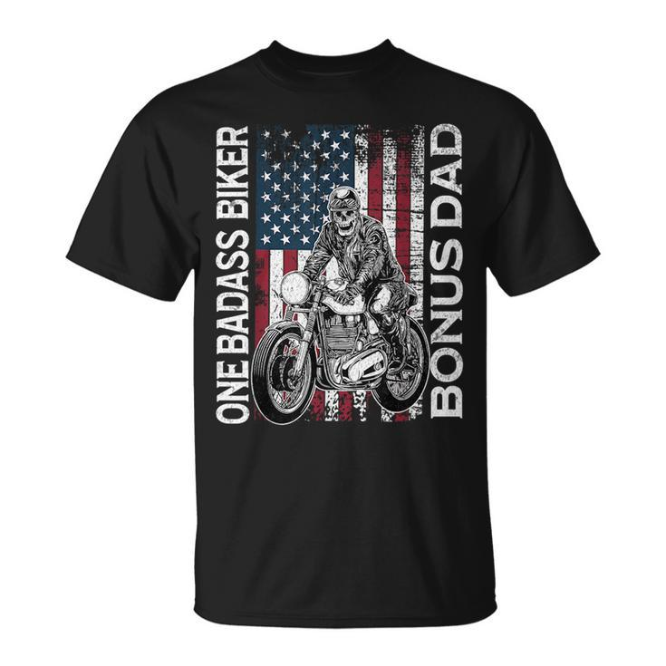 One Badass Biker Bonus Dad Grunge American Flag Skeleton  Funny Gifts For Dad Unisex T-Shirt