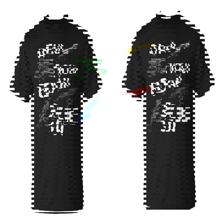 Oneguntwogunredgunbluegun Unisex T-Shirt