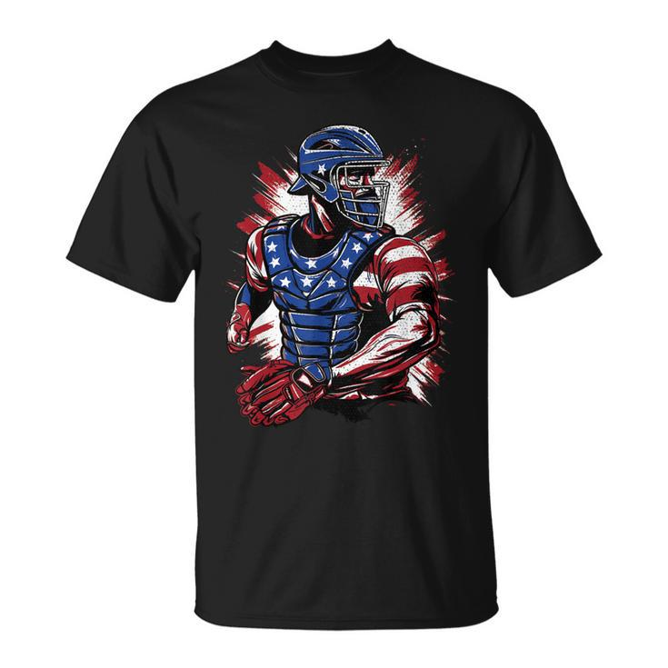 Patriotic Baseball Catcher Vintage American Flag 4Th Of July  Unisex T-Shirt