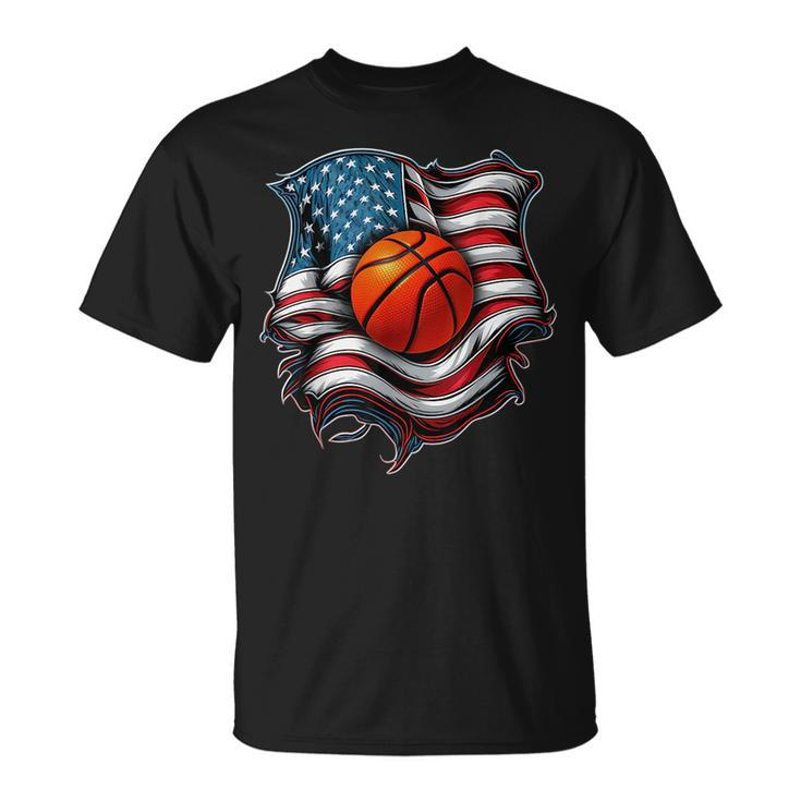 Patriotic Basketball 4Th Of July Men Usa American Flag Boys Unisex T-Shirt