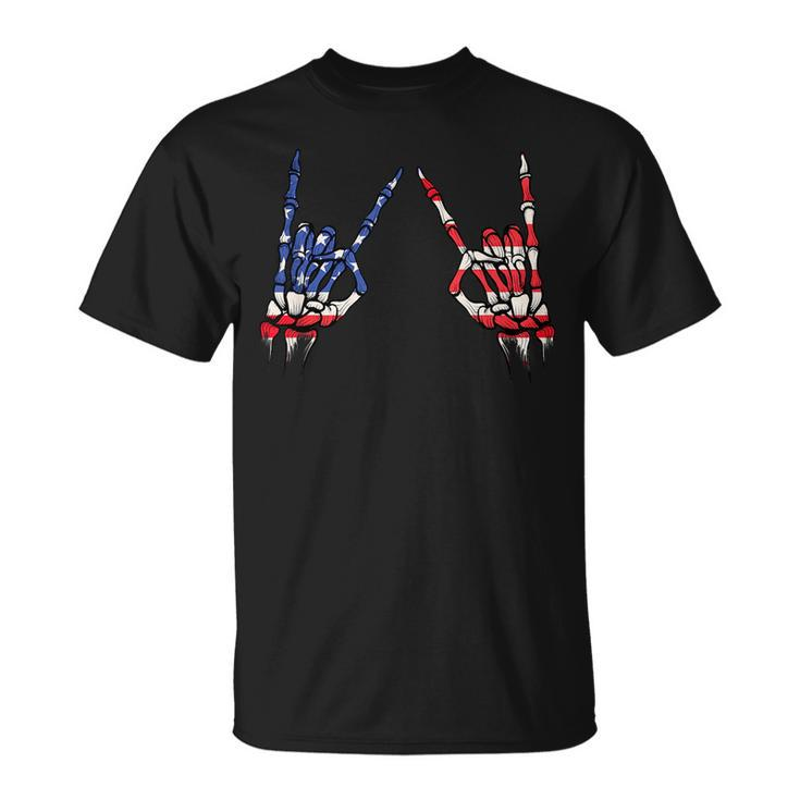 Patriotic Usa Flag Skeleton Rock On Devil Horns 4Th Of July  Patriotic Funny Gifts Unisex T-Shirt