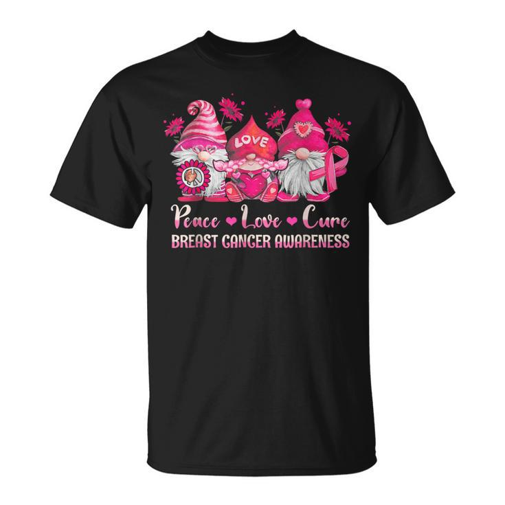 Peace Love Cure Gnomes Pink Ribbon Breast Cancer Awareness T-Shirt