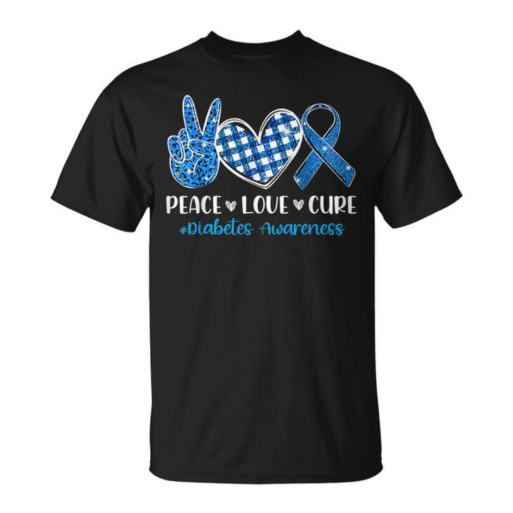 Peace Love Cure Grey Blue Ribbon Diabetes Awareness T-Shirt