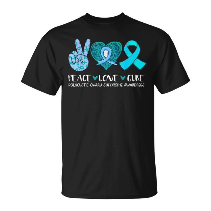 Peace Love Cure Polycystic Ovary Syndrome Pcos Teal Ribbon T-Shirt