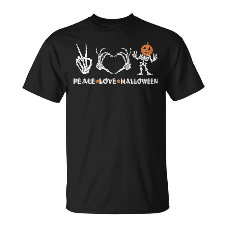 Peace Love Halloween Happy Halloween Pumpkin Skeleton Hands T-Shirt