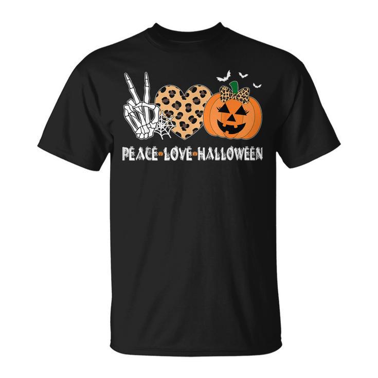 Peace Love Halloween Scary Pumpkin Leopard Skeleton T-Shirt