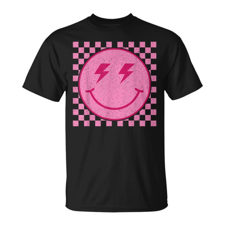 Pink Happy Face Checkered Pattern Smile Face Trendy Smiling T-Shirt