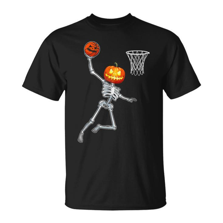 Pumpkin Skeleton Playing Basketball Halloween Costume Boys T-Shirt
