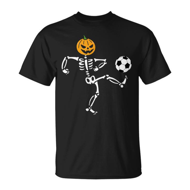 Pumpkin Skeleton Soccer Player Halloween Boys Soccer T-Shirt