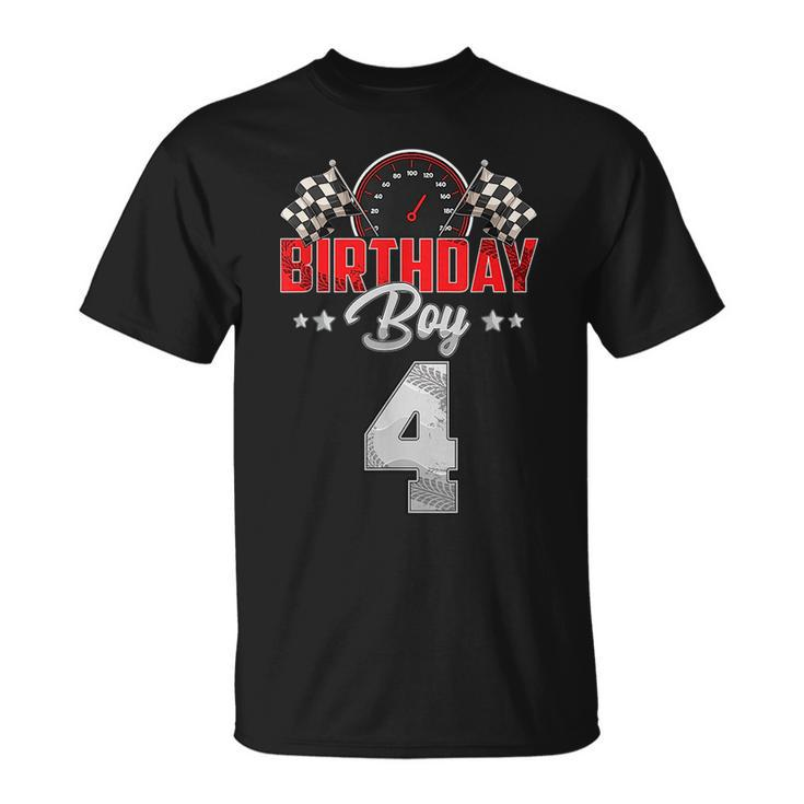 Race Car 4Th Birthday Boy Party Racing 4 Year Old Pit Crew Racing Funny Gifts Unisex T-Shirt