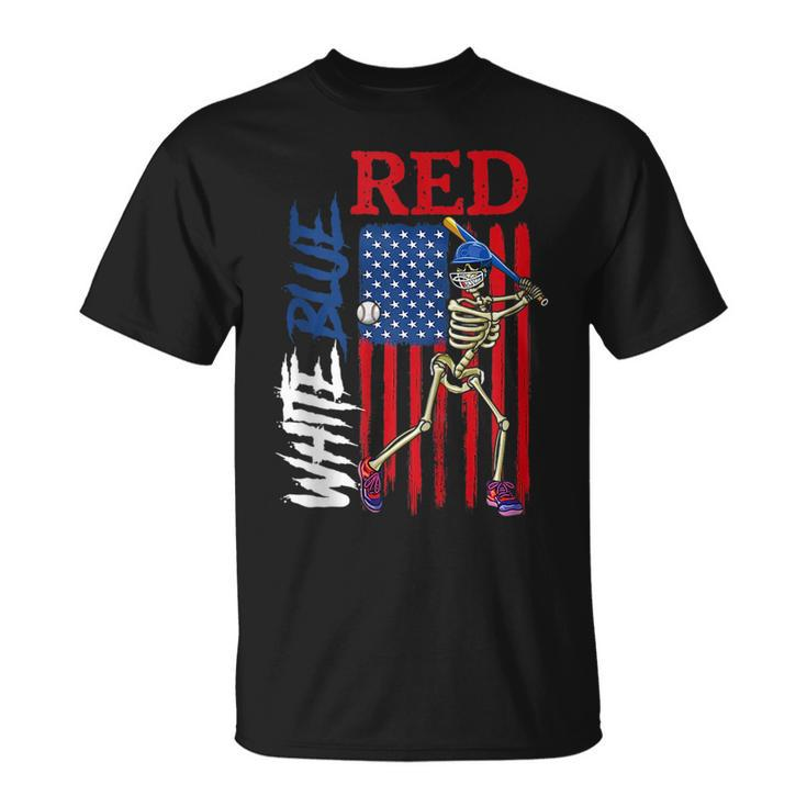 Red White Blue Baseball 4Th Of July American Flag Skeleton  Baseball Funny Gifts Unisex T-Shirt