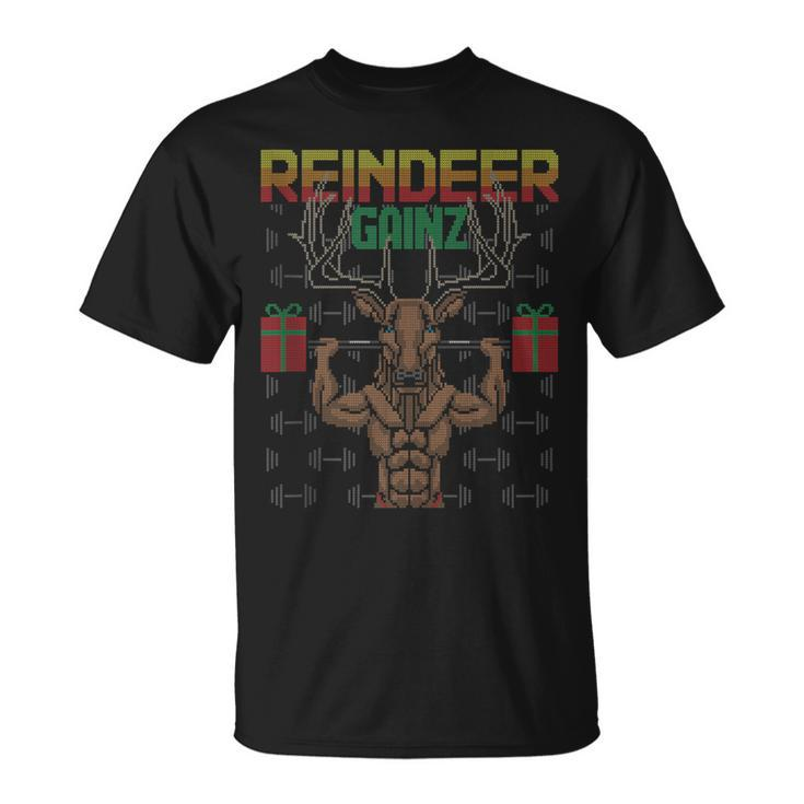 Reindeer Gainz Brodolf Ugly Christmas Sweater Gym Workout T-Shirt