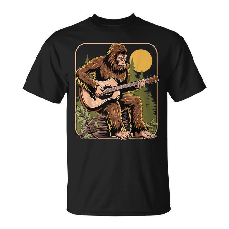 Retro Bigfoot Sasquatch Playing Acoustic Guitar Guitarist T-Shirt