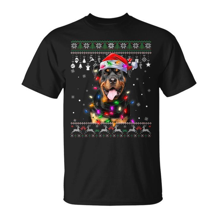 Rottweiler Santa Hat Christmas Tree Lights Xmas Ugly Sweater T-Shirt
