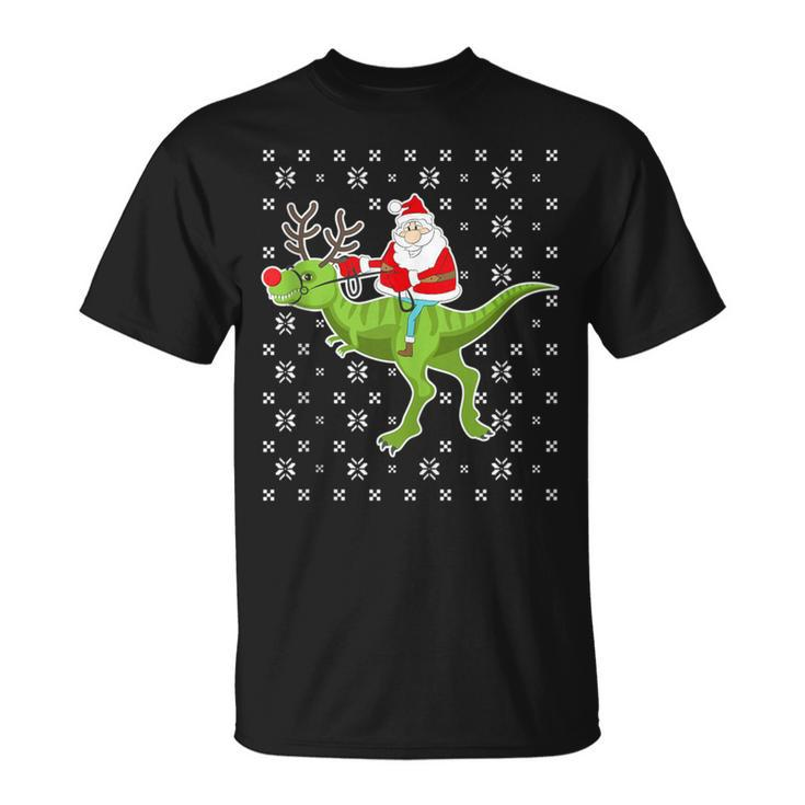 Santa Riding On T-Rex Santa Ugly Christmas Sweater T-Shirt