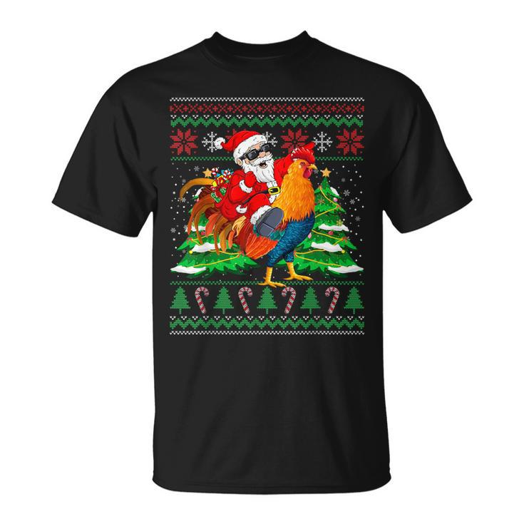 Santa With Rooster Christmas Tree Farmer Ugly Xmas Sweater T-Shirt