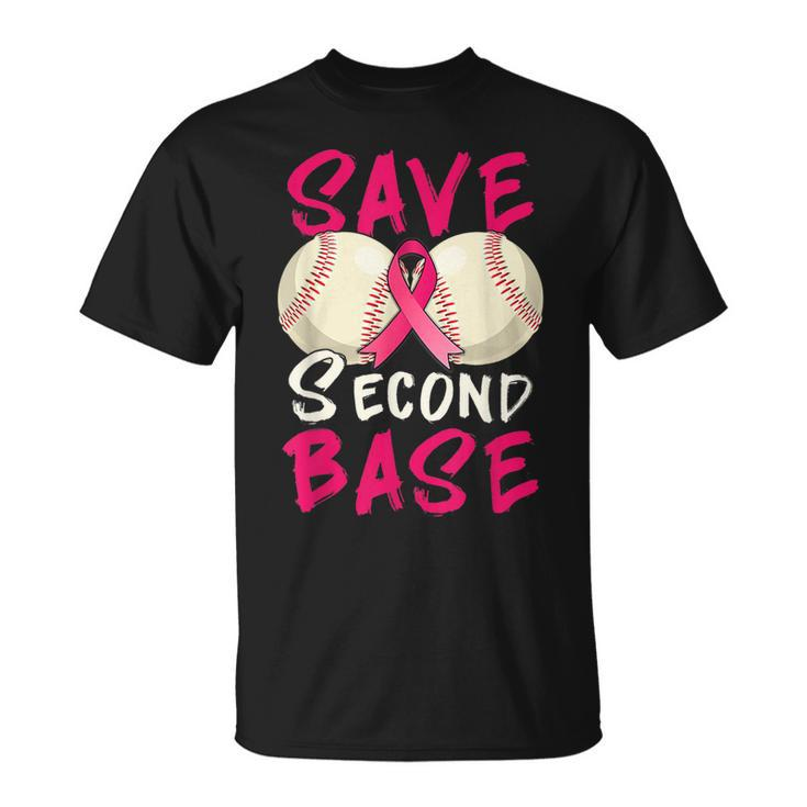 Save Second 2Nd Base Baseball Pink Ribbon Breast Cancer T-Shirt