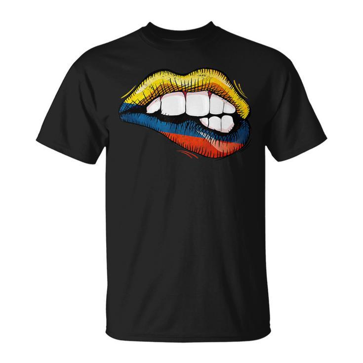 Sexy Biting Lips Colombia Flag Colombian Pride T-Shirt