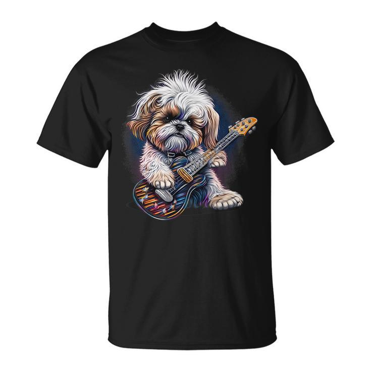 Shih Tzu Dog Playing Electric Guitar Rock  Unisex T-Shirt