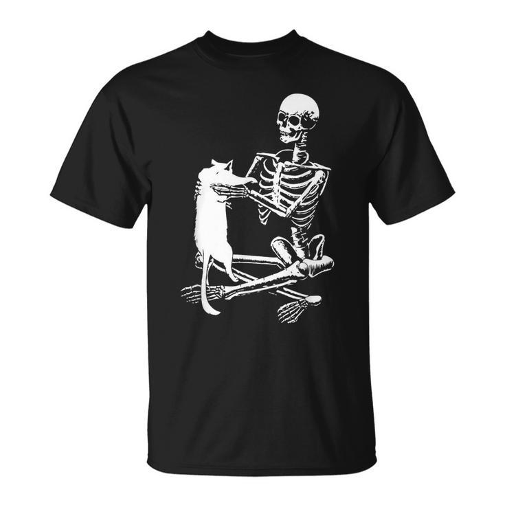 Skeleton Holding A Cat  Lazy Halloween Costume Skull  Unisex T-Shirt