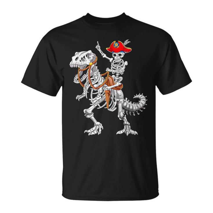 Skeleton Pirate Riding Skeleton Dinosaur Halloween Spooky T-Shirt