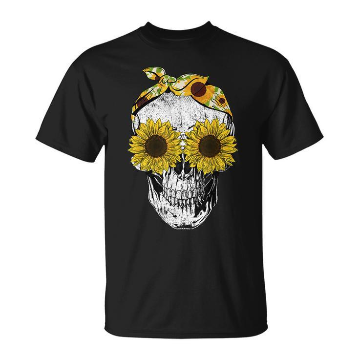 Skull Sunflower  Floral Bandana Skeleton Head  Unisex T-Shirt