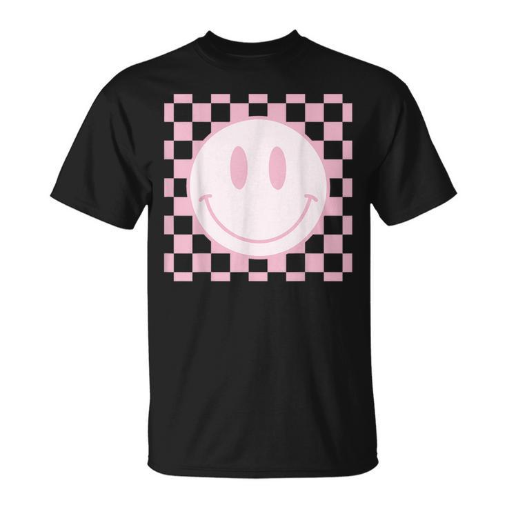 Smile Face Pink Vintage Checkered Pattern Retro Happy Face Unisex T-Shirt