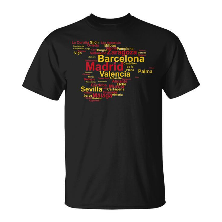 Spain Map Silhouette Towns Cities Madrid Travel Espana  Unisex T-Shirt