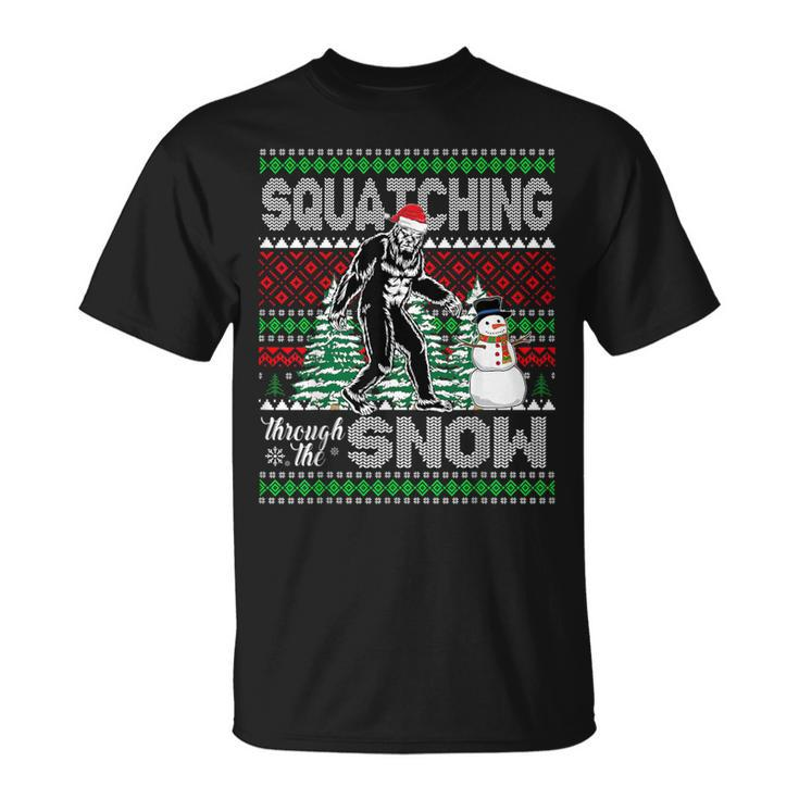 Squatching Through The Snow Bigfoot Ugly Sweater Christmas T-Shirt