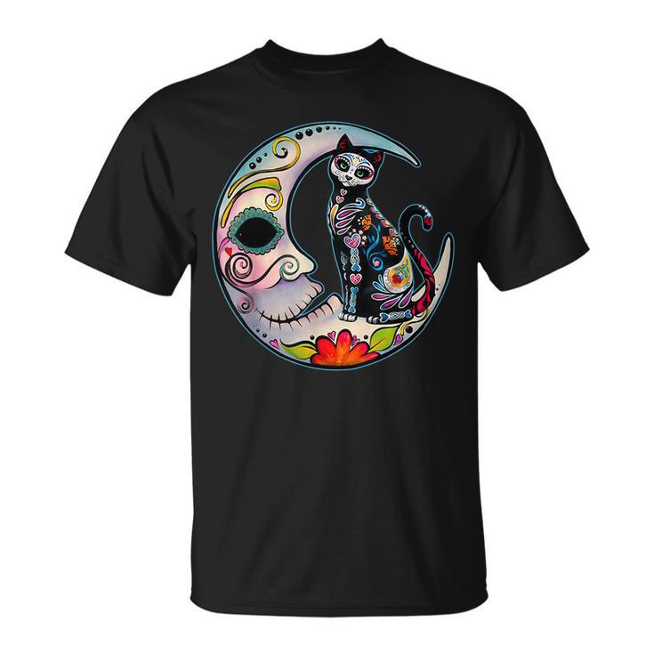 Sugar Skull Moon Cat Mexican Day Of Dead Dia De Los Muertos T-Shirt