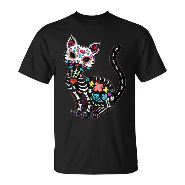 Sugar Skull Skeleton Mexican Cat Halloween Day Of He Dead T-Shirt