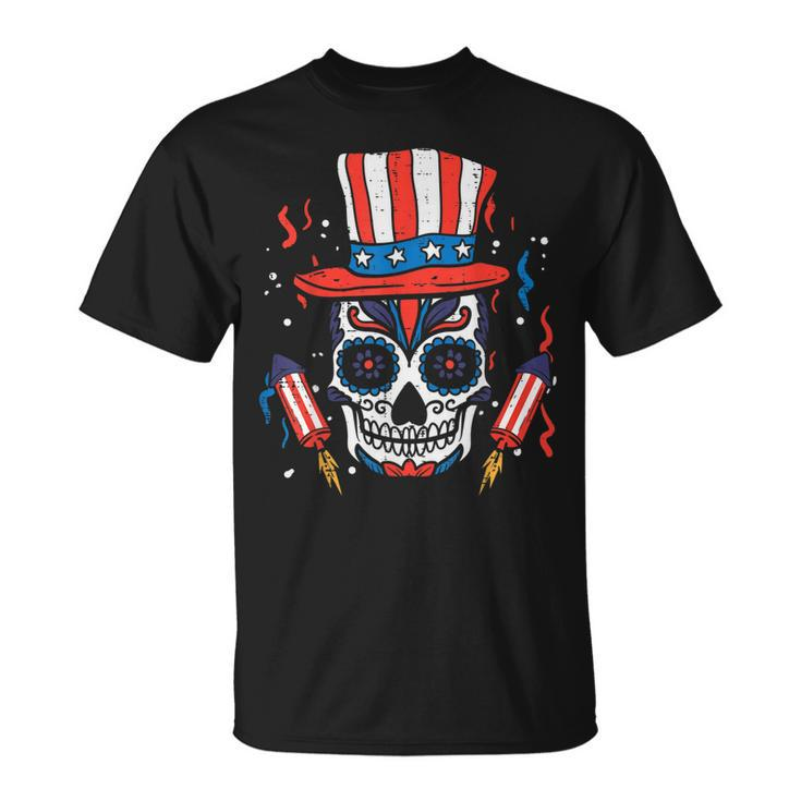 Sugar Skull Us Flag Hat Fourth 4Th Of July Patriotic Mexican  Unisex T-Shirt