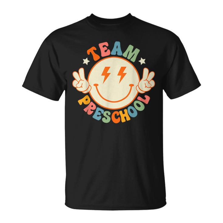 Team Preschool Retro Groovy Hippie Face Back To School  Unisex T-Shirt