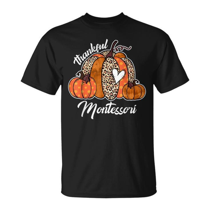 Thankful Montessori Pumpkin Leopard Plaid Thanksgiving Day T-Shirt