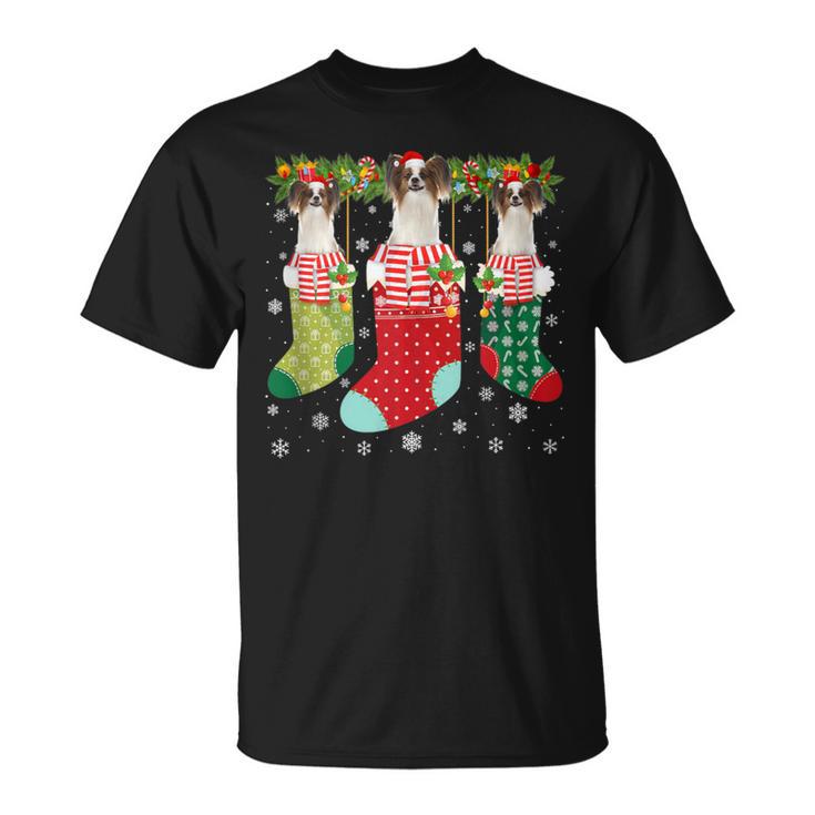 Three Papillon Dog In Socks Ugly Christmas Sweater Party T-Shirt