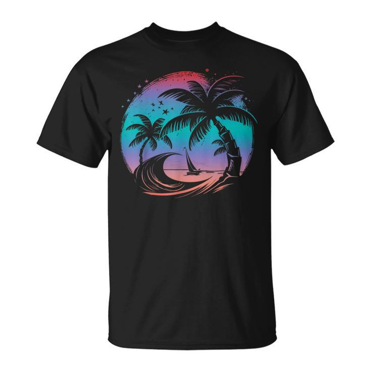 Tropical Palm Trees With Sailboat Beach Island Sunset  Unisex T-Shirt