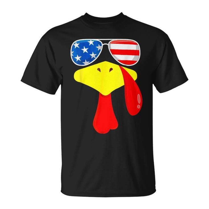 Turkey Face Thanksgiving Cute American Flag Sunglasses T-Shirt