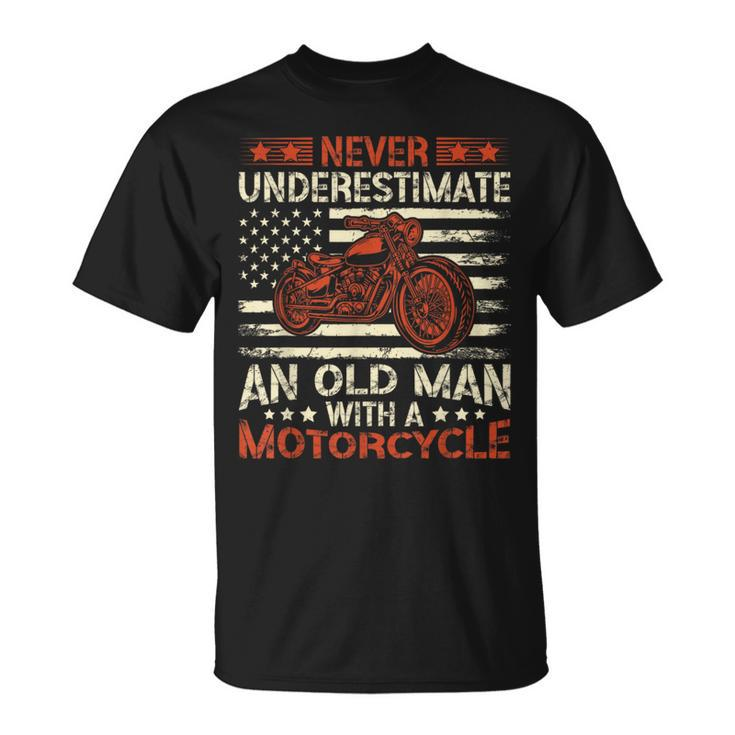 Never Underestimate An Old Man With A Motorcycle Usa Flag T-Shirt
