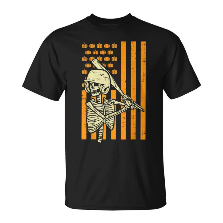 Us Flag Baseball Skeleton Vintage Halloween Sports Patriotic Patriotic Funny Gifts Unisex T-Shirt