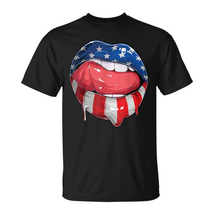 Usa Flag Dripping Lips 4Th Of July Patriotic American  Unisex T-Shirt