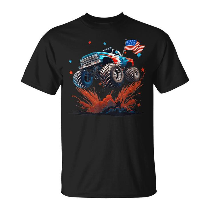 Usa Patriotic Monster Truck Jump Colorful Red White Blue T-Shirt